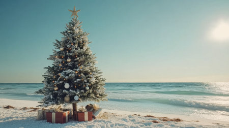 A coastal-inspired Christmas tree with nautical decorations and presents placed beneath it on a pristine beach, with the ocean shimmering nearby.の素材