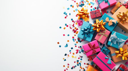 A colorful pile of gift boxes in various sizes, wrapped in festive paper with bows and ribbons, isolated on a bright white background.の素材
