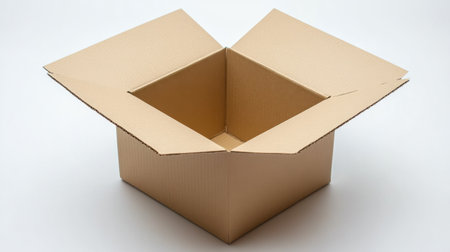 A close-up shot of a cardboard box with clean edges and a slight natural fold, placed on a white background, ideal for product packaging visuals.の素材