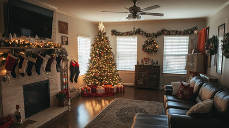 A cozy home decorated for Christmas with a glowing tree, garlands, and gifts, capturing the joy of the Feast of the Nativity.の素材