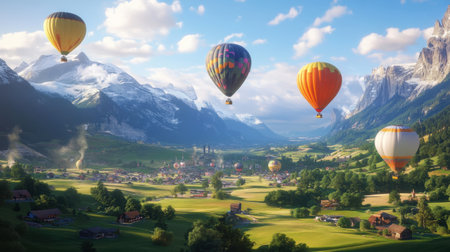 A colorful hot air balloon festival in a picturesque valley surrounded by mountains and open fields.の素材