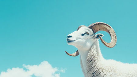 A Dall sheep ram with its impressive curved horns, highlighted against a pure and cloudless blue sky.の素材