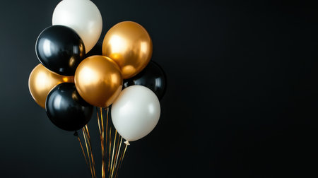 A festive and sophisticated display of black, gold, and white balloons against a black background, creating a striking visual for Black Friday sales.の素材