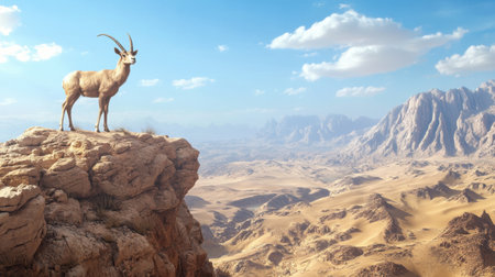 A desert panorama featuring a Nubian ibex standing tall on a cliff in Oman, with rugged peaks and sandy valleys in the distance.の素材