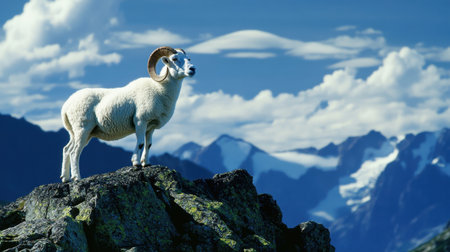 A Dall sheep ram silhouetted against the vast blue sky, perched high on a rocky outcrop in an alpine setting.の素材