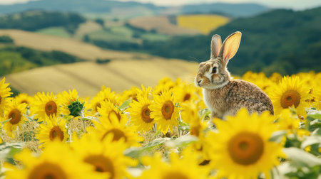 A European rabbit sitting quietly in a field of sunflowers, with the rolling hills of Spain in the distance.の素材