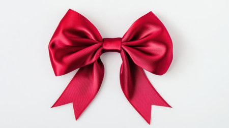 A festive red satin ribbon bow, neatly tied with elegant loops and tails, isolated on a plain white background for simple, clean visuals.の素材