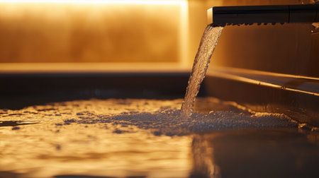 A stunning bathroom scene showcasing a modern faucet releasing smooth water, creating a serene ambiance, perfect for relaxation and luxury.の素材