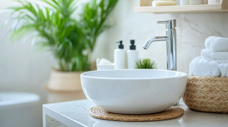 Discover a serene bathroom setup showcasing a stylish round white sink surrounded by elegant decor and calming green plants, perfect for a relaxing atmosphere.の素材