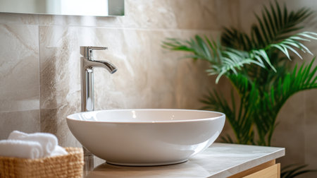 A serene bathroom setup featuring a sleek white sink, minimal decor, and lush greenery. The elegant design creates a calming and refreshing atmosphere.の素材
