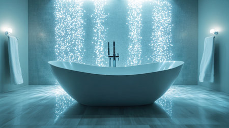 Discover a beautifully renovated bathroom featuring a spacious tub, soft lighting, and elegant design elements that create a serene and relaxing atmosphere.の素材