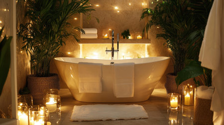 Discover an elegant luxury bathroom featuring a stylish white bathtub surrounded by calming candles and lush plants, creating a serene and inviting atmosphere perfect for relaxation.の素材