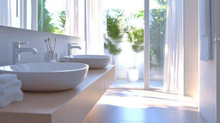 Discover a bright and airy bathroom featuring a stylish double sink and natural light, ideal for creating a tranquil and modern living space.の素材