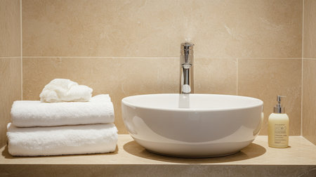 This pristine bathroom setup features a modern sink with elegant towels and skincare products, creating a serene and inviting atmosphere for relaxation.の素材