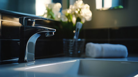 A sleek chrome faucet with sparkling reflections in a modern bathroom setting, highlighting elegance, cleanliness, and tasteful decor for a refreshing ambiance.の素材