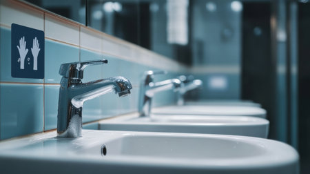 Modern clean public bathroom sink area featuring clear signage for hygiene. The facility showcases well-maintained features, promoting cleanliness and safety.の素材