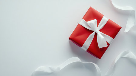 A bright red gift box with a pristine white ribbon, isolated on a white background, symbolizing the joy of holiday gift-giving.の素材
