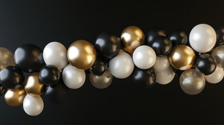 A chic collection of black, gold, and white balloons on a dark backdrop, perfect for Black Friday promotions or elegant event decor.の素材