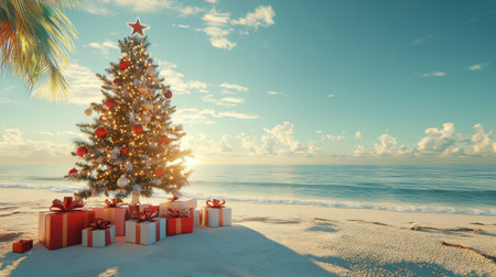 A Christmas tree glowing with festive decorations on a Miami beach, surrounded by holiday presents and the serene ocean horizon under a sunny sky.の素材