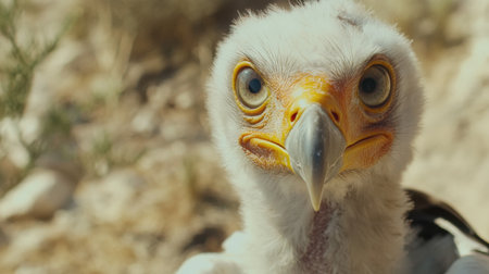 A close-up of a young Egyptian vultures sharp beak and intelligent eyes, captured in its natural habitat within Monfrage National Park.の素材