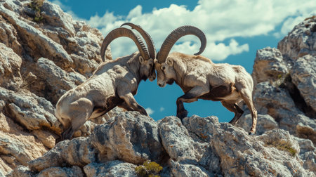 A close-up of two male ibex, their horns entwined, as they fight on the rocky cliffs of El Torcal in Antequera, Malaga.の素材