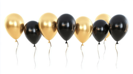A collection of realistic D gold and black helium balloons flying on a white background, ideal for a celebration poster or a happy anniversary banner.の素材