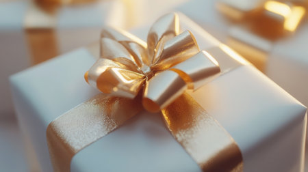A close-up of a white gift box with a shiny gold ribbon and bow, set against a simple white background, ideal for elegant gift-wrapping concepts.の素材