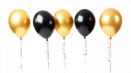 A festive greeting card design with floating gold and black helium balloons against a white background, perfect for birthday or anniversary celebrations.の素材