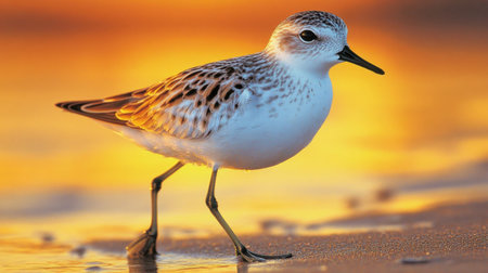 A close-up of a sanderling walking along the wet sand, illuminated by the warm, soft light of the setting sun.の素材