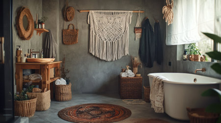 Explore a serene bohemian bathroom, featuring a stunning macramの素材