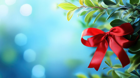 A festive gift box with a red satin ribbon and bow, resting on a bright blue background, ideal for creating a birthday or Christmas present concept.の素材