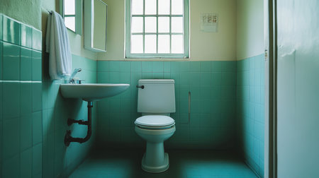 A bright and simple bathroom featuring clean lines and efficient layout. The minimalist design focuses on comfort and hygiene, creating a serene space.の素材