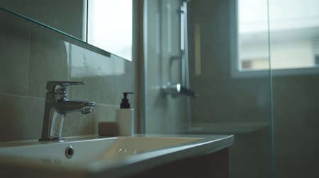 A cozy domestic bathroom featuring a ceramic sink, a chrome faucet, a glass shower enclosure, and light gray tiles on the walls and floor.の素材