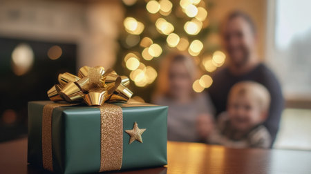 A compact green gift box wrapped with a glossy gold ribbon and topped with a neat bow, isolated on a white background for simplicity.の素材
