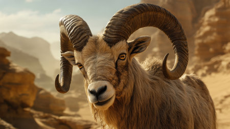 A close-up of a male Nubian ibexs striking curved horns and textured fur, with the sandy desert of Egypt in the background.の素材