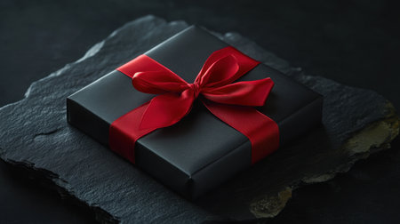 A classic black gift box tied with a vibrant red ribbon, resting on a dark background with soft lighting, perfect for any elegant celebration.の素材