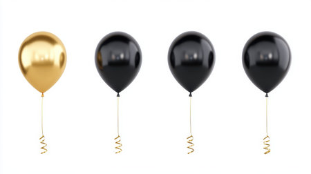 A collection of realistic D gold and black helium balloons flying on a white background, ideal for a celebration poster or a happy anniversary banner.の素材