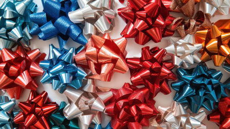 A colorful collection of holiday gifts, all wrapped with shiny ribbons and decorative bows, placed randomly on a white background.の素材