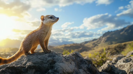 A common mongoose Herpestes ichneumon standing alert on a rocky terrain, scanning its surroundings with keen eyes under a bright European sky.の素材