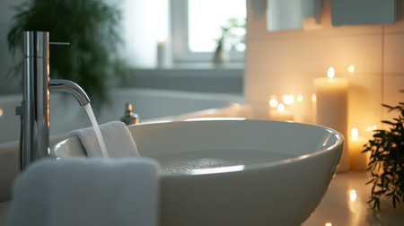 A bright and airy bathroom featuring a modern ceramic sink, flowing water, plush towels, and soft candlelight, creating a tranquil and relaxing ambiance.の素材