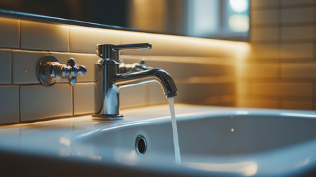 A close-up of a sleek wall-mounted faucet with a gentle stream of water. The modern design blends seamlessly with the stylish sink and softly lit background, enhancing any interior space.の素材