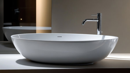 A modern bathroom washbasin showcasing sleek lines and minimalist design. The round, white basin is complemented by a stylish chrome faucet, ideal for contemporary interiors.の素材