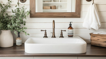 Discover a charming farmhouse bathroom featuring a white apron sink, wooden accents, and soothing decor that creates a warm, inviting space.の素材