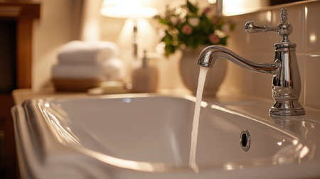 Discover a luxurious loft bathroom featuring an elegant water tap and a stylish sink. The serene ambiance invites relaxation and comfort.の素材