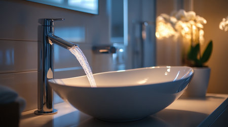 Discover a modern luxurious bathroom featuring an elegant sink and sleek faucet, perfect for relaxation and style. A serene setting for comfort and beauty.の素材