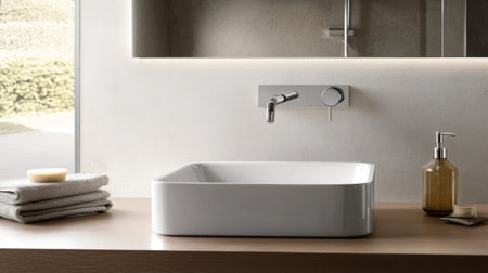 A sleek modern white rectangular sink is showcased in a stylish bathroom, featuring clean lines and soft lighting that enhance its elegance and functionality.の素材
