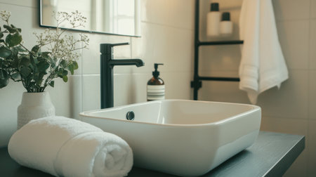A minimalist bathroom scene featuring a white square sink, soft towel, and decorative plant, creating a serene and modern aesthetic for home spaces.の素材