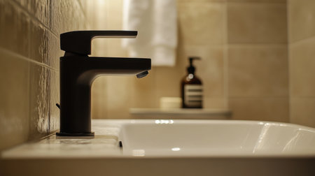Explore a modern black matte faucet in a stylish bathroom setting, showcasing contemporary design and elegance. Perfect for home renovation or interior inspiration.の素材
