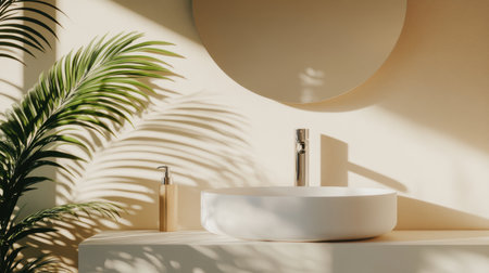 Discover a modern bathroom scene featuring a sleek white sink and chrome faucet. Natural light highlights elegant design elements with a serene ambiance.の素材