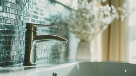 This image features a sleek silver faucet paired with a textured tile backdrop, enhancing modern interior spaces. Ideal for bathroom or kitchen inspiration.の素材